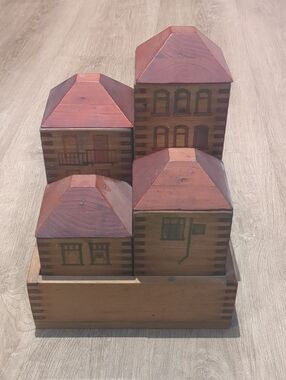Vintage Wooden Storage Boxes House Set